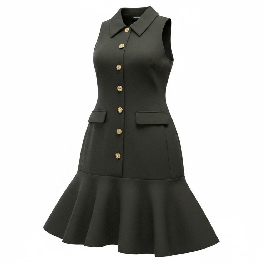 Karl Lagerfeld Paris Black Drop Waist Dress Size 8 Gold Buttons NWT Cocktail